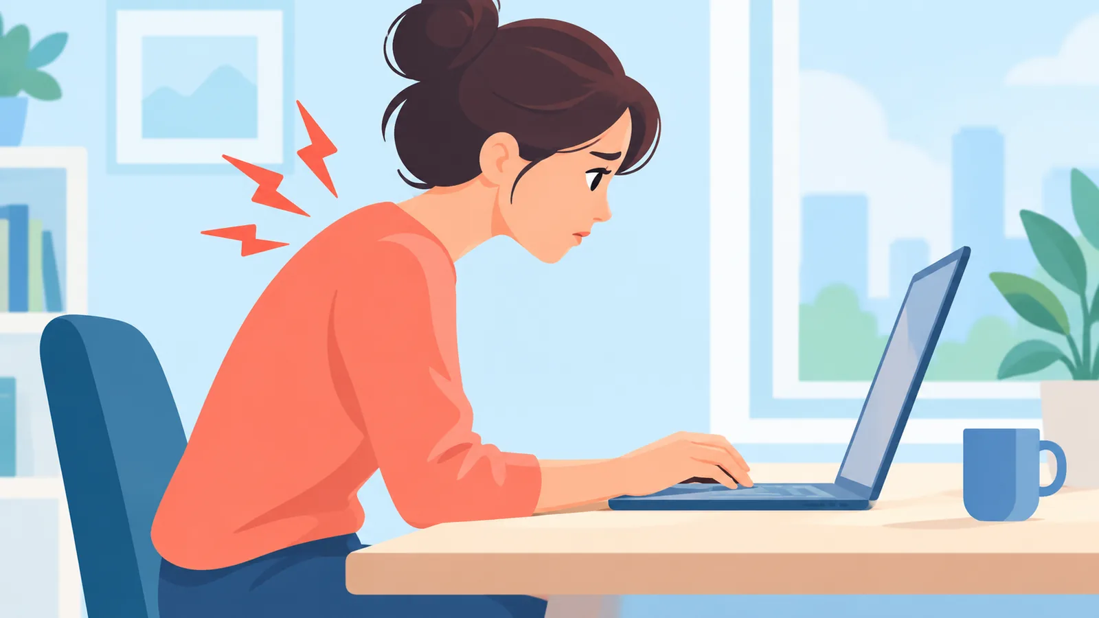 امرأة تجلس أمام حاسوب محمول في مكتب منزلي وكتفاها مائلان إلى الأمام