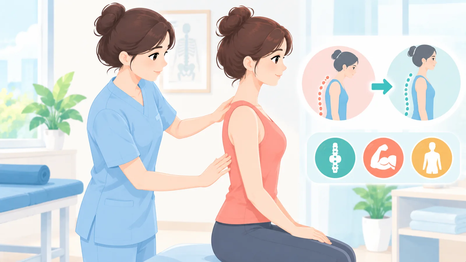 أخصائية علاج طبيعي تفحص ظهر امرأة في عيادة