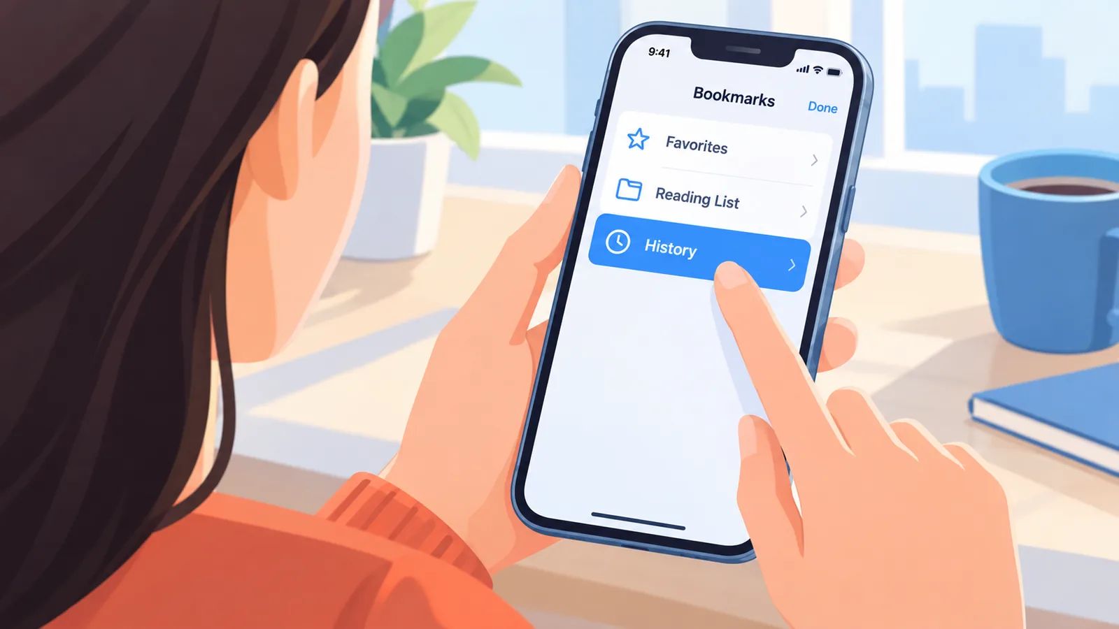 يد تمسك iPhone وتعرض قائمة الإشارات المرجعية وخيار History في Safari
