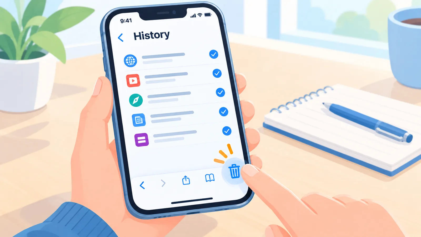 إصبع يضغط على سلة المهملات لحذف مواقع محددة من سجل Safari
