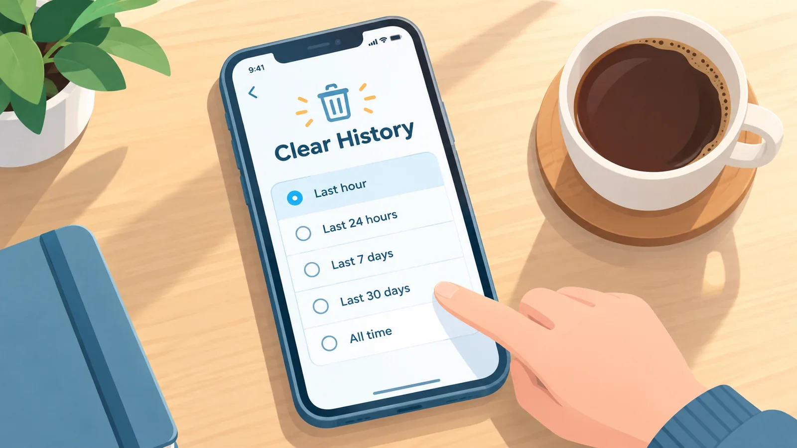 قائمة Clear History مع خيارات الفترة الزمنية على iPhone