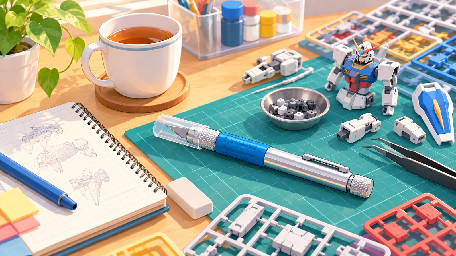 مكتب حرف هادئ عليه دفتر وسكين مغلقة ونموذج قيد التجميع