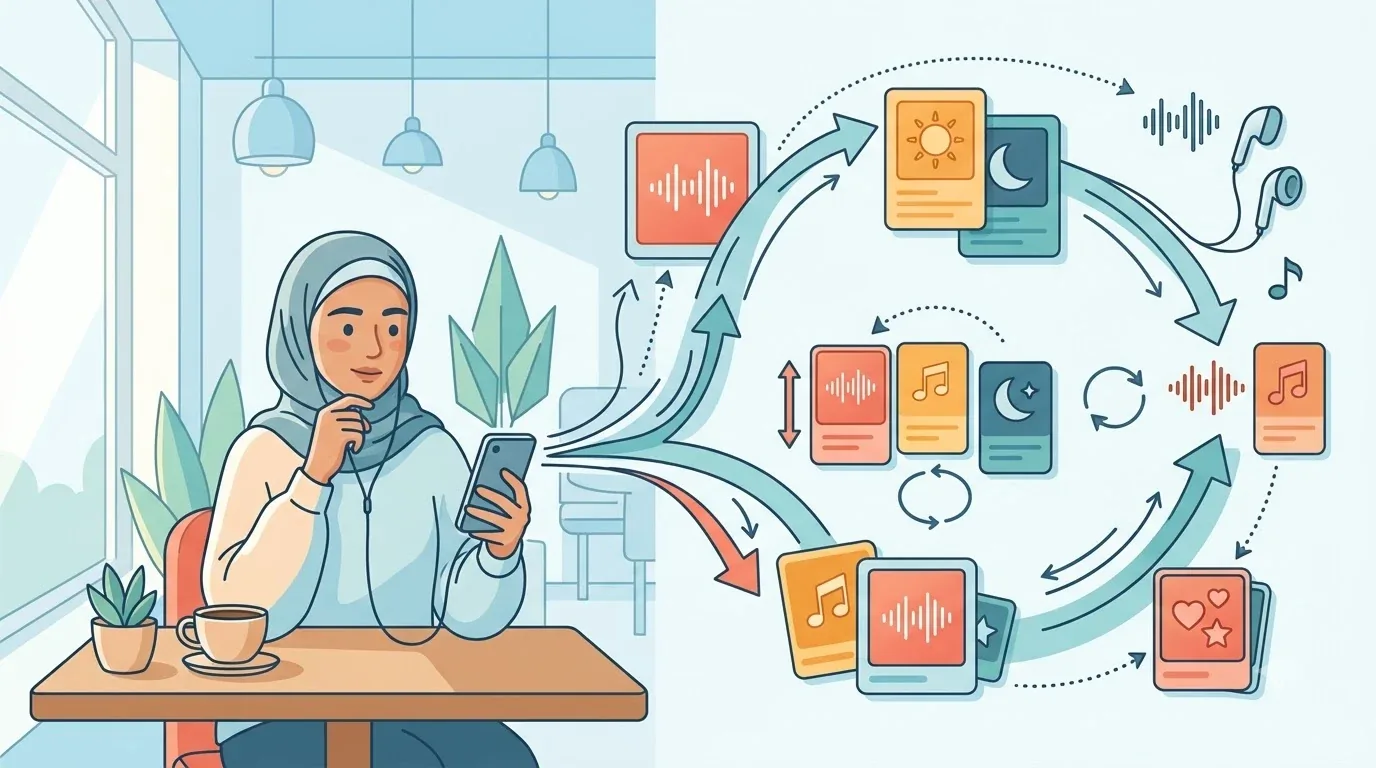 امرأة تستمع إلى أغنية رومانسية قرب النافذة وقت الغروب