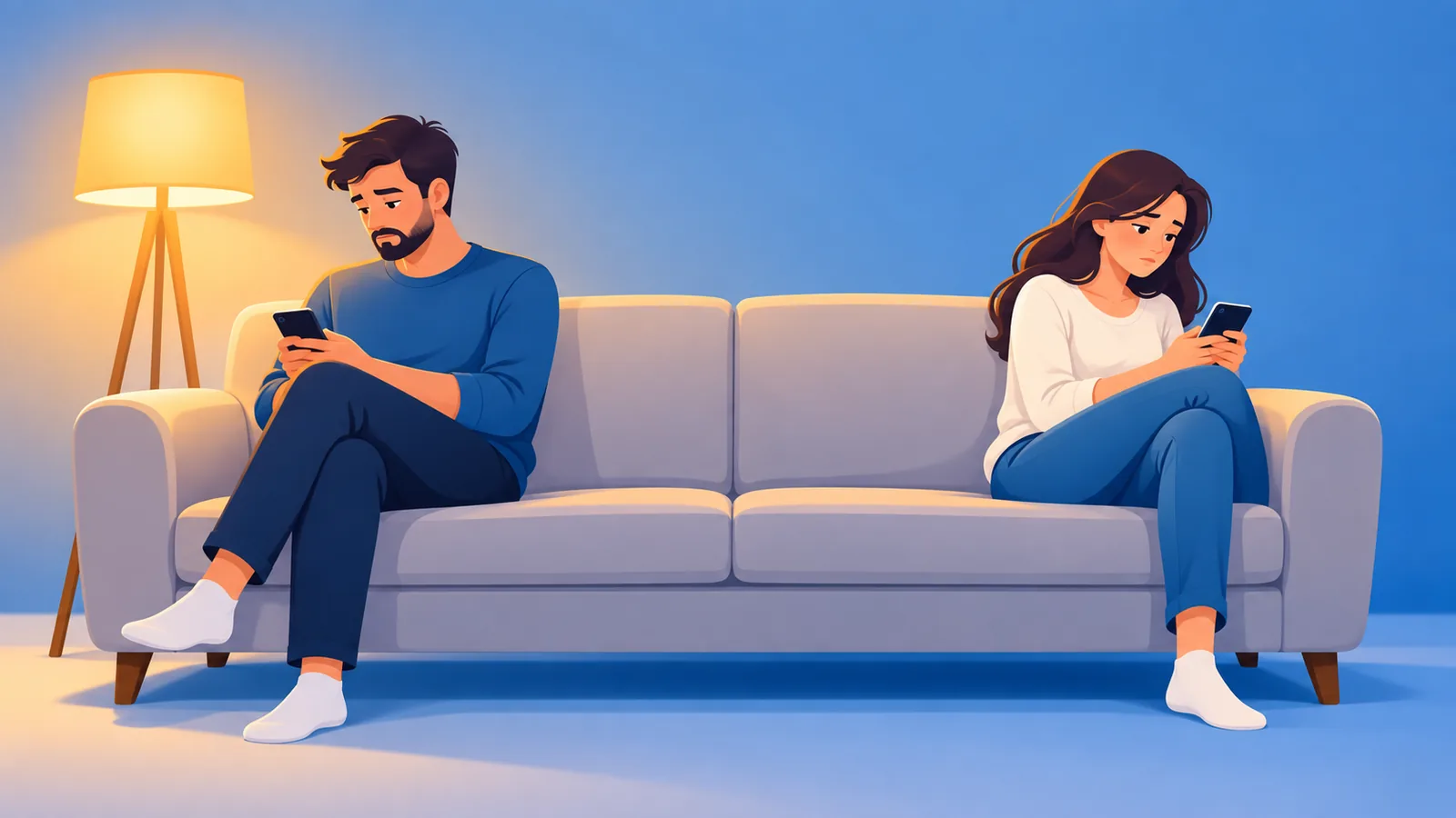 زوجان يجلسان بعيدين عن بعضهما على أريكة وكل منهما ينظر إلى هاتفه