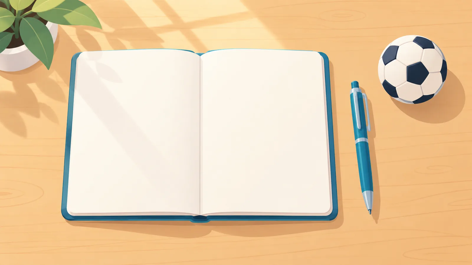 مكتب خشبي عليه دفتر وقلم وكرة صغيرة