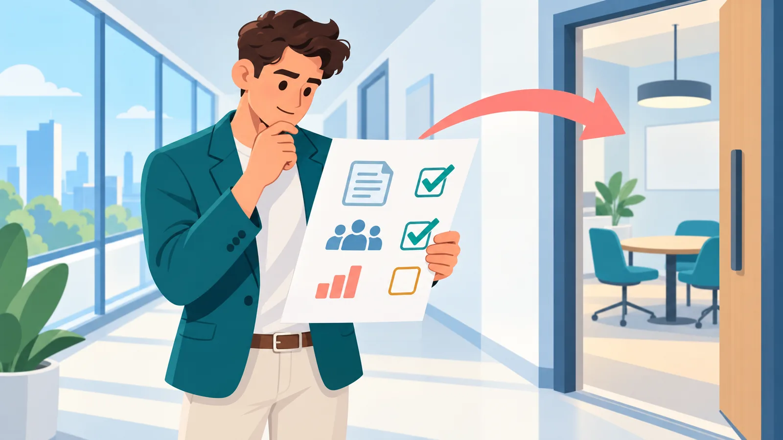 مؤسس يراجع قائمة فحص قبل اجتماع مع مستثمر