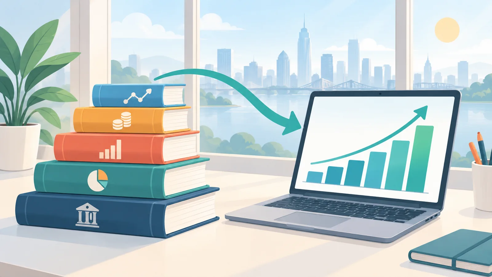 كتب ومراجع على مكتب مع حاسوب مفتوح