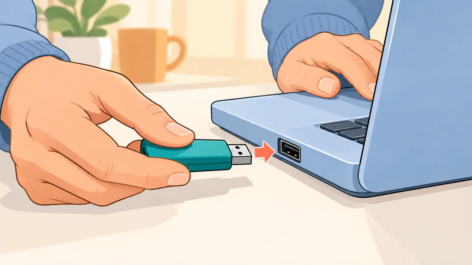 يدان توصلان وسيط تثبيت USB بجهاز لابتوب