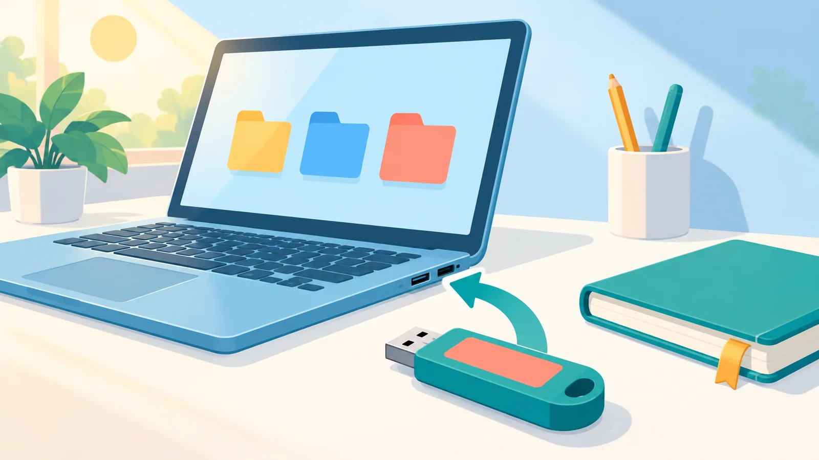 مكتب منظم عليه لابتوب ووسيط تثبيت USB ودفتر صغير