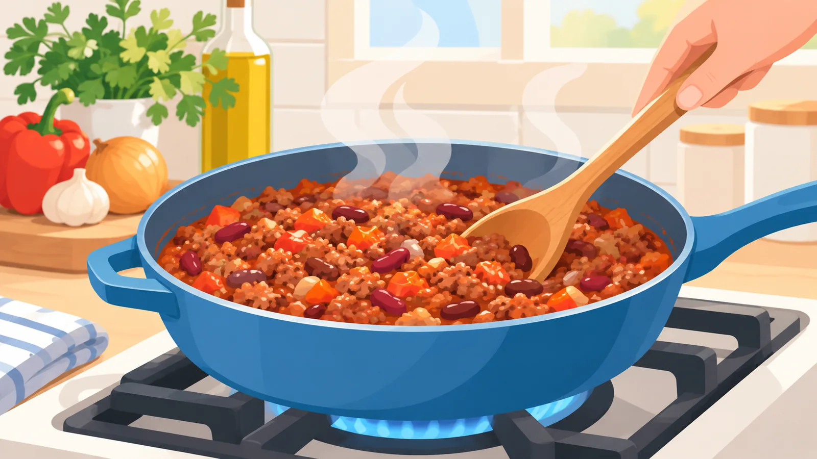এক হাঁড়িতে রান্না হচ্ছে গরুর কিমার চিলি