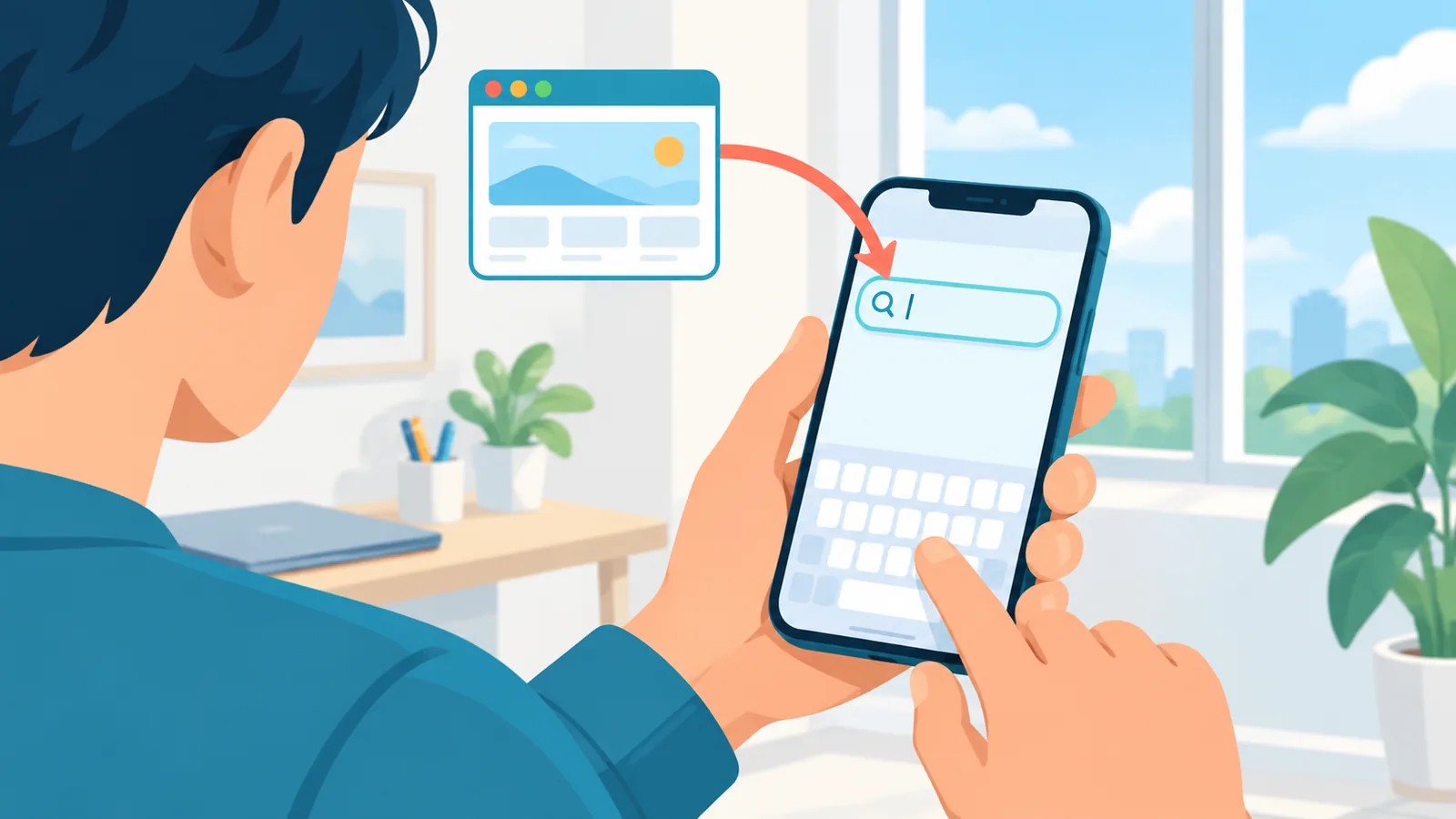 আইফোনে Safari ব্রাউজার খুলে ঠিকানা লিখছেন একজন তরুণ