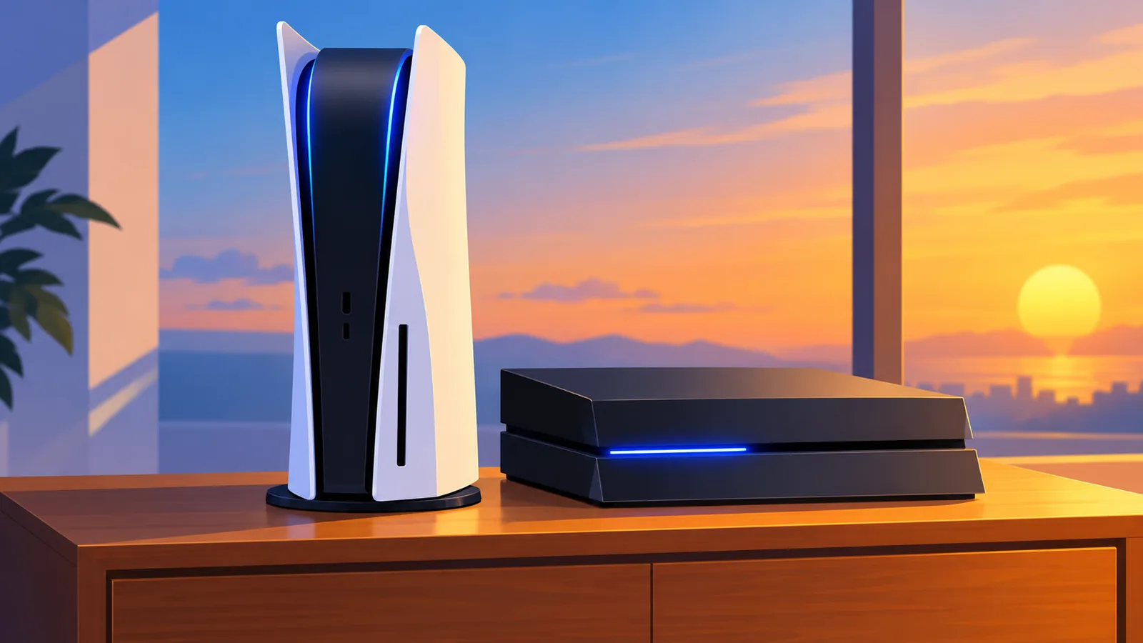 টিভি স্ট্যান্ডে পাশাপাশি রাখা PS5 ও PS4 কনসোল