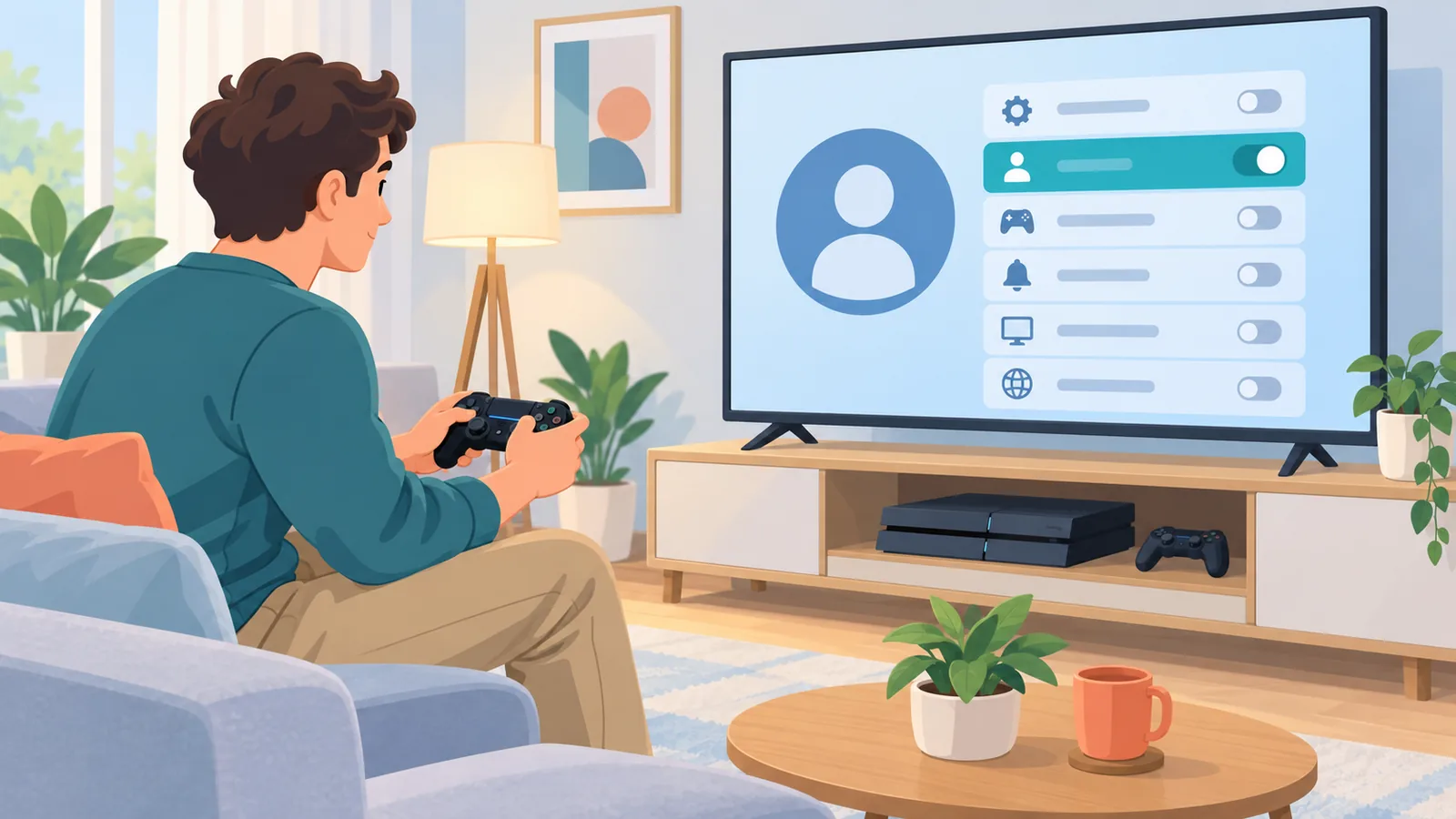 PS4 কনসোলের অ্যাকাউন্ট সেটিংস খুলে বসে থাকা ব্যক্তি
