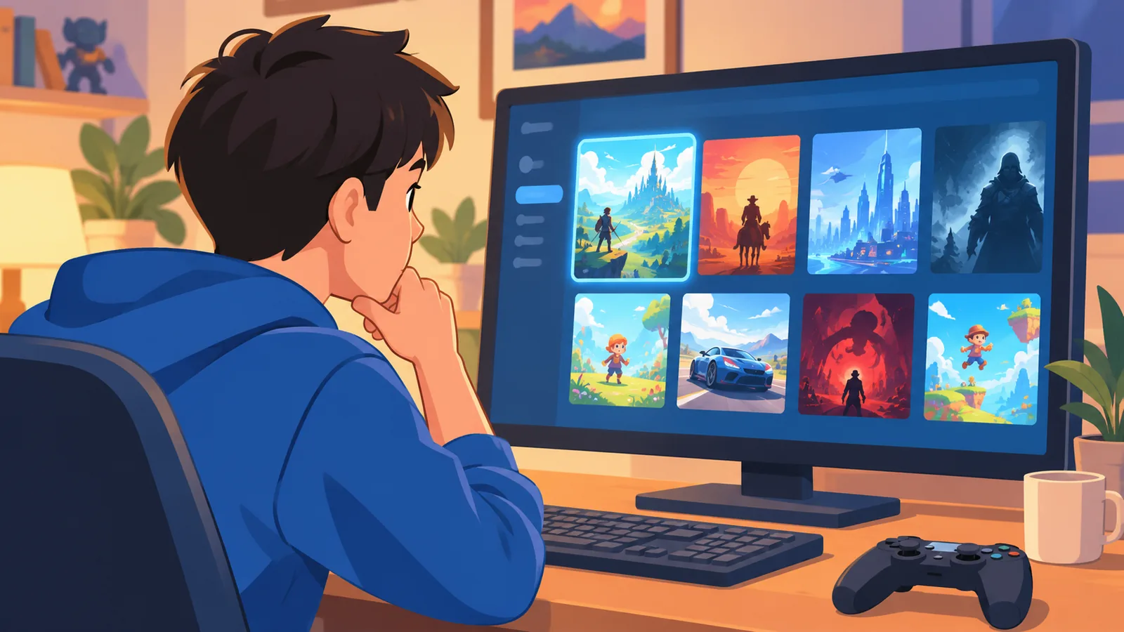 ডেস্কে বসে Steam লাইব্রেরি ব্রাউজ করছেন একজন খেলোয়াড়