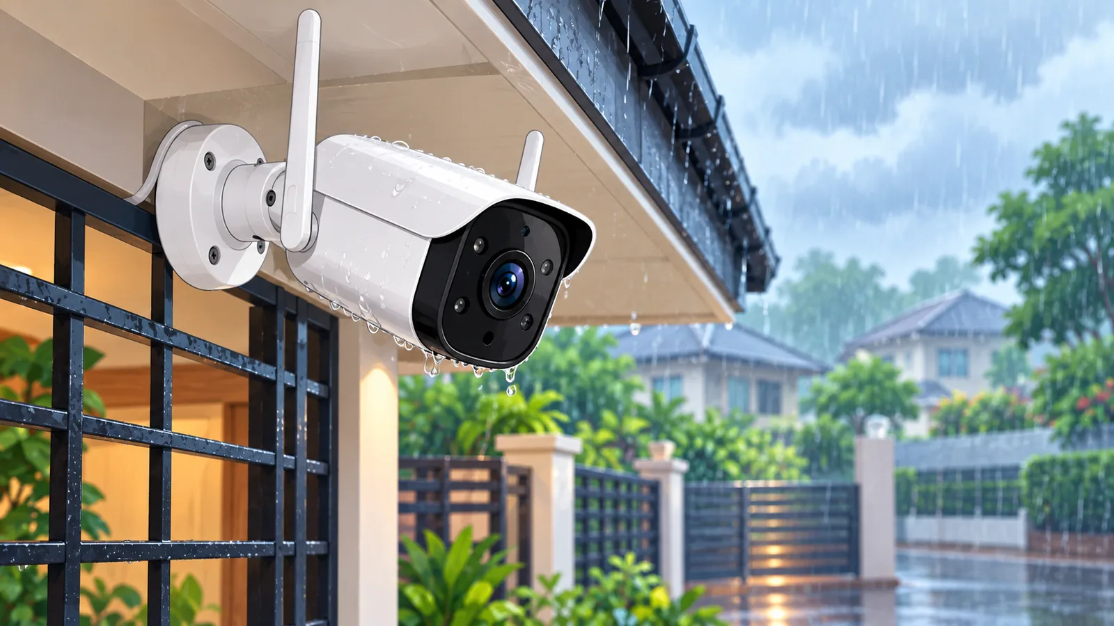 বারান্দার ছাদের নিচে বসানো আবহাওয়া-সহনশীল ক্যামেরা