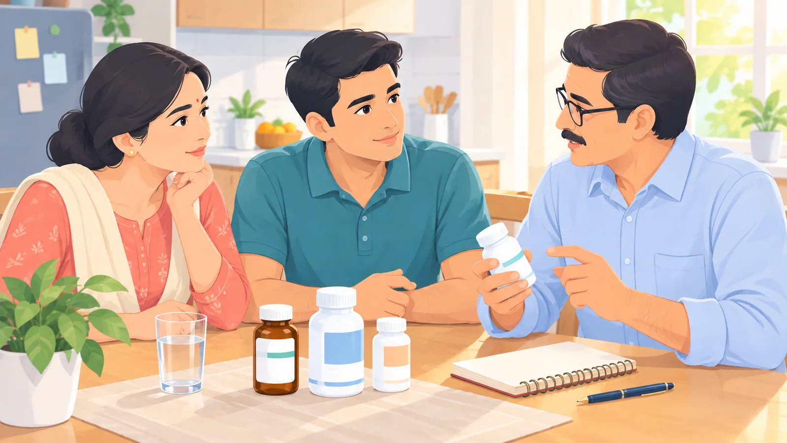 একটি পরিবার রান্নাঘরের টেবিলে বসে সাপ্লিমেন্ট নিয়ে আলোচনা করছে