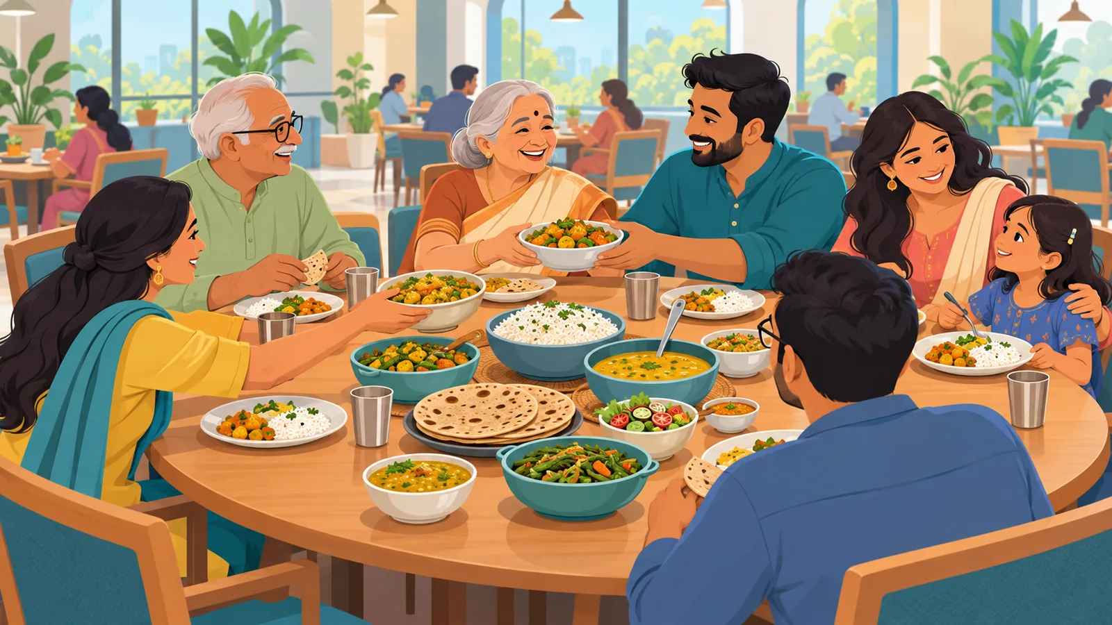 পরিবারের সঙ্গে নিরামিষ খাবার ভাগ করে নিচ্ছেন এক প্রবীণ