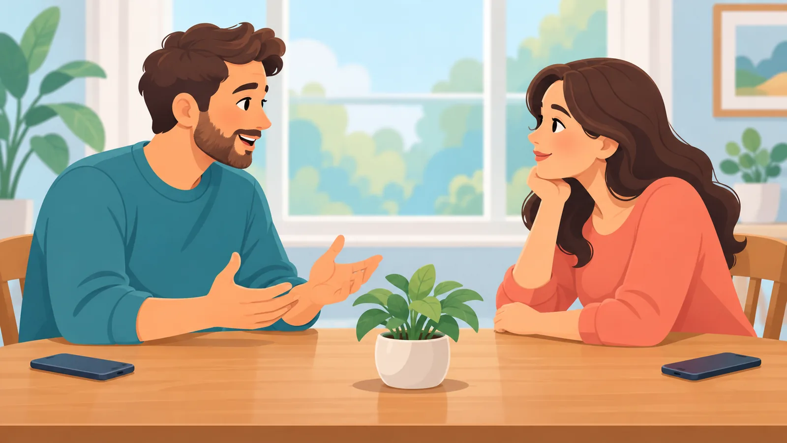 ফোন সরিয়ে রেখে মুখোমুখি শান্তভাবে কথা বলছেন দুজন