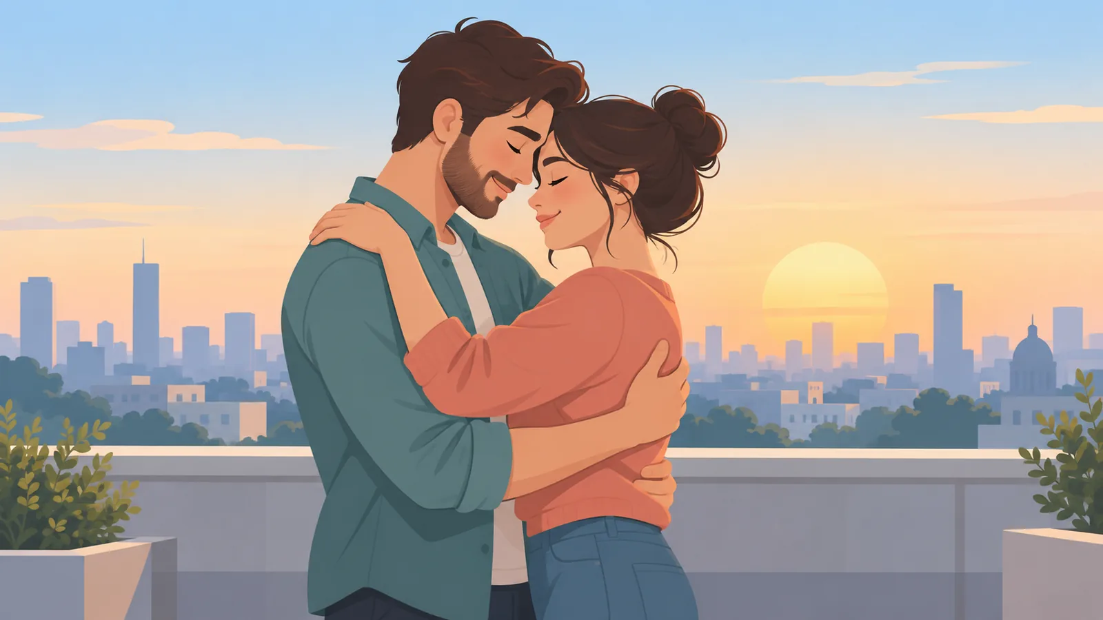 ছাদে সন্ধ্যায় শান্ত আলিঙ্গনে আবদ্ধ দম্পতি