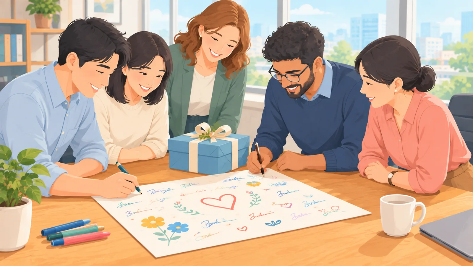 সহকর্মীরা মিলে বিদায়ী কার্ডে বার্তা লিখছেন