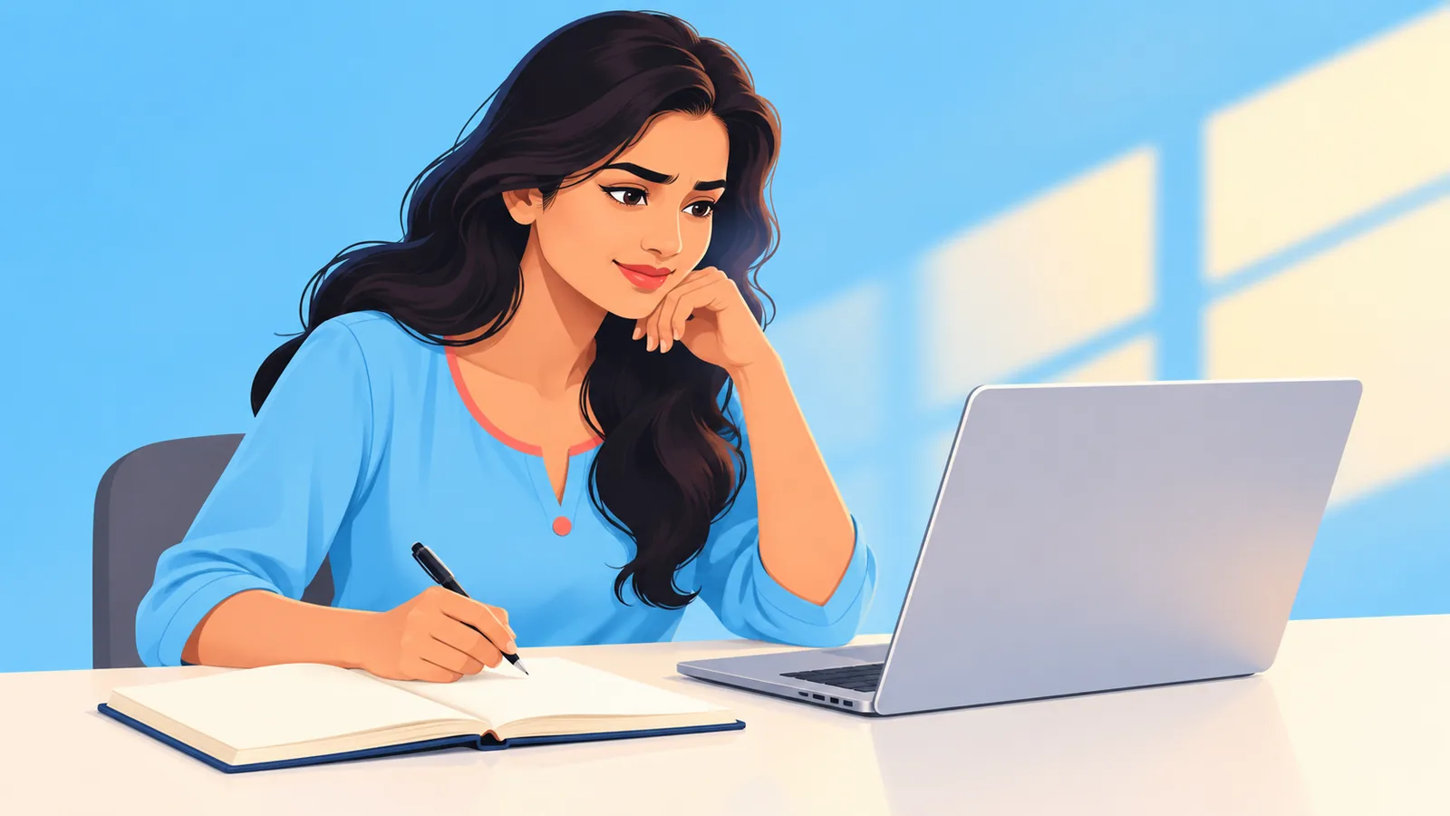 বাড়ির ডেস্কে ল্যাপটপ ও নোটবুক নিয়ে অনলাইন আয়ের পরিকল্পনা করছেন এক তরুণী