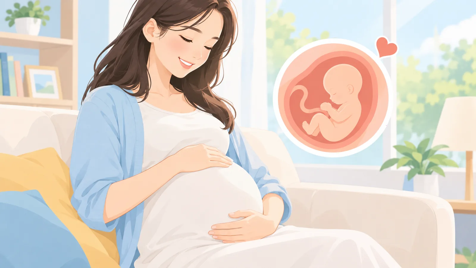 客厅里轻抚腹部的孕妇