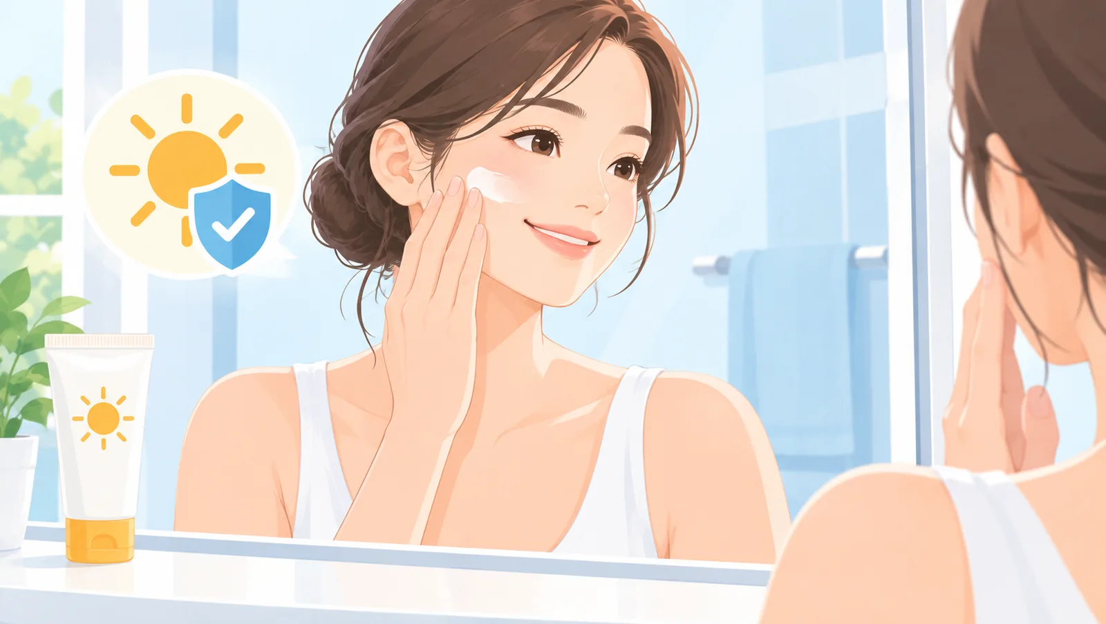 女性在镜前给脸颊涂防晒