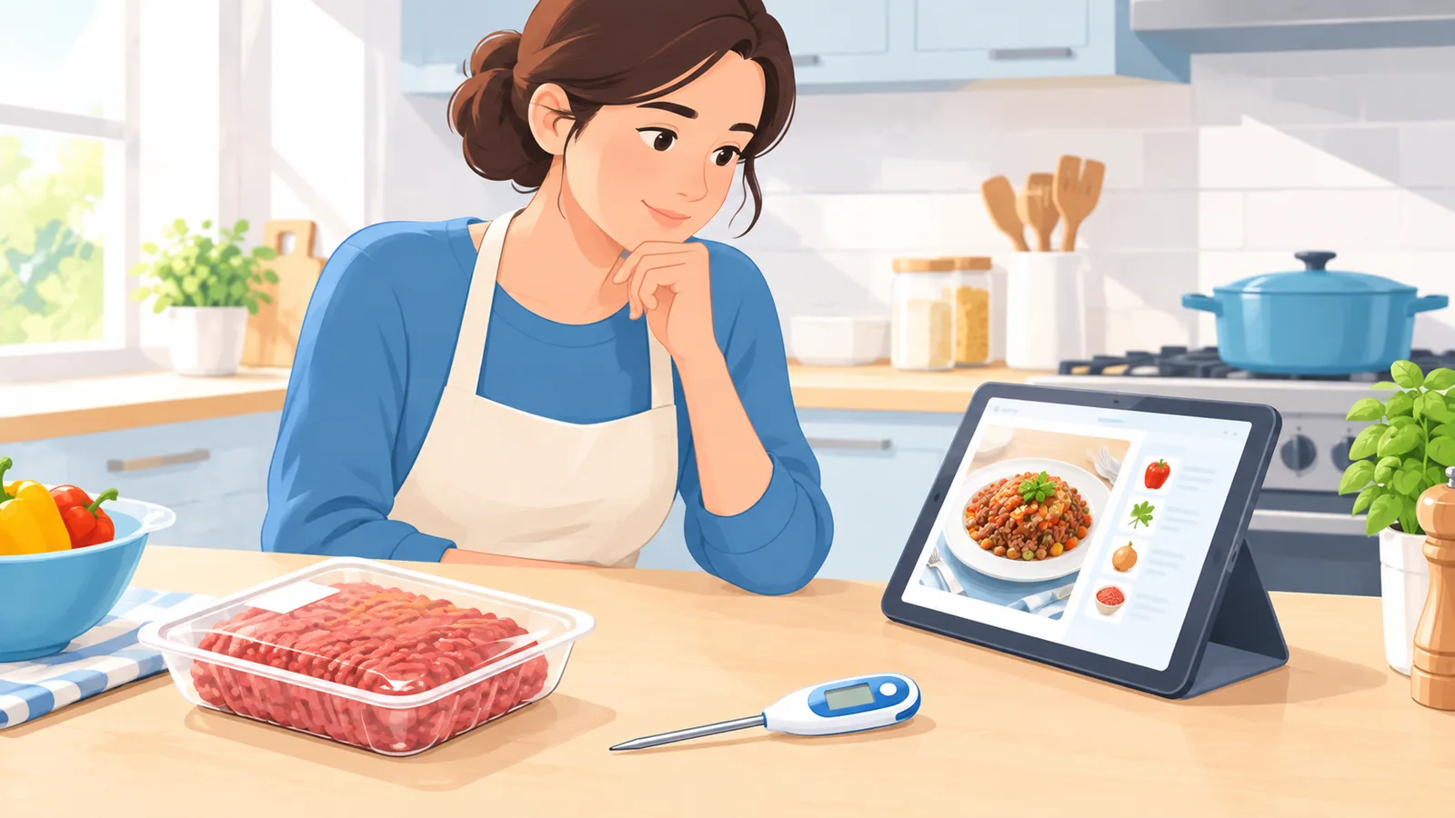 食品温度计插入烤肉中心检测内部温度