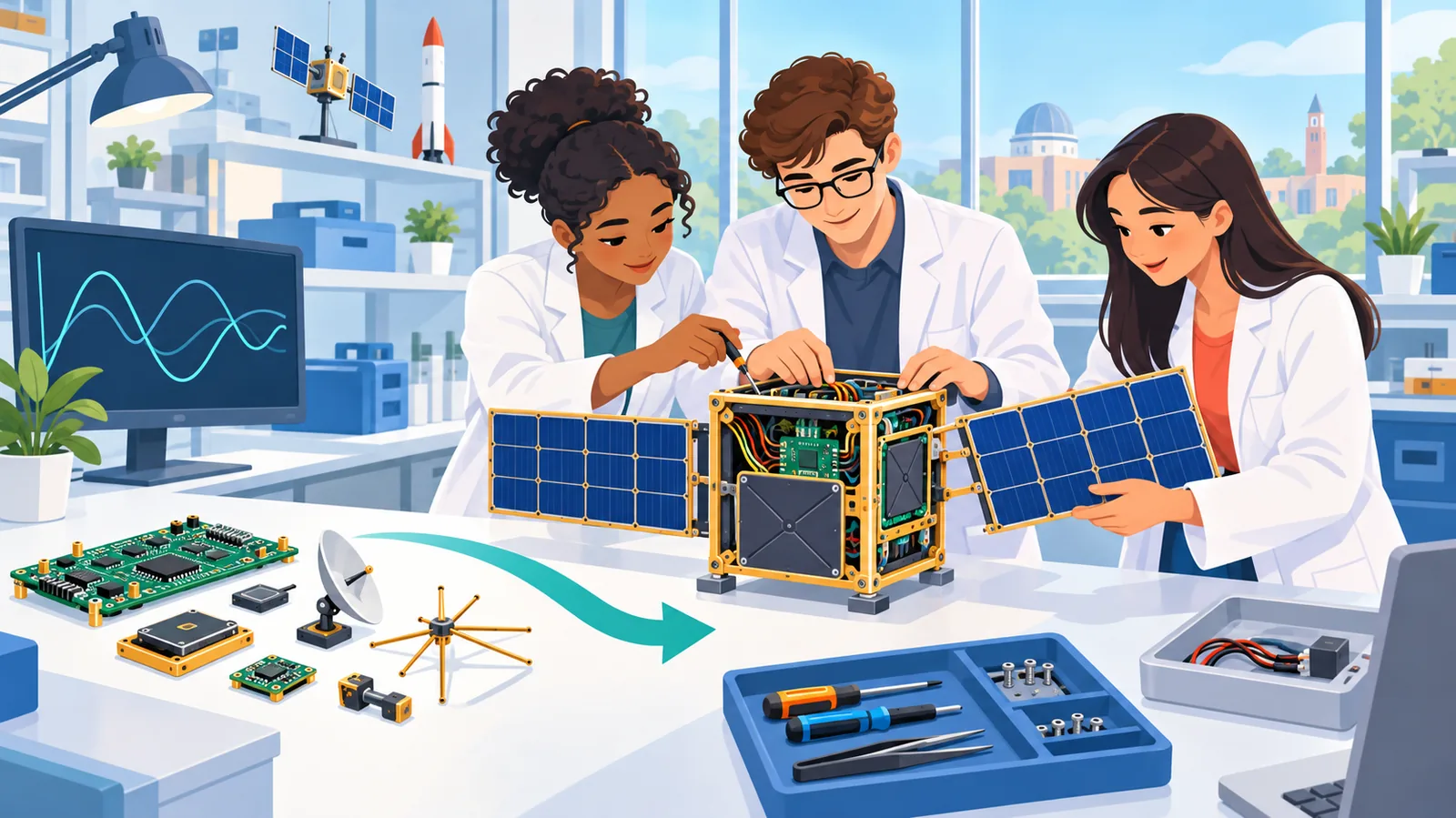 在大学实验室组装卫星模型的航天工程学生