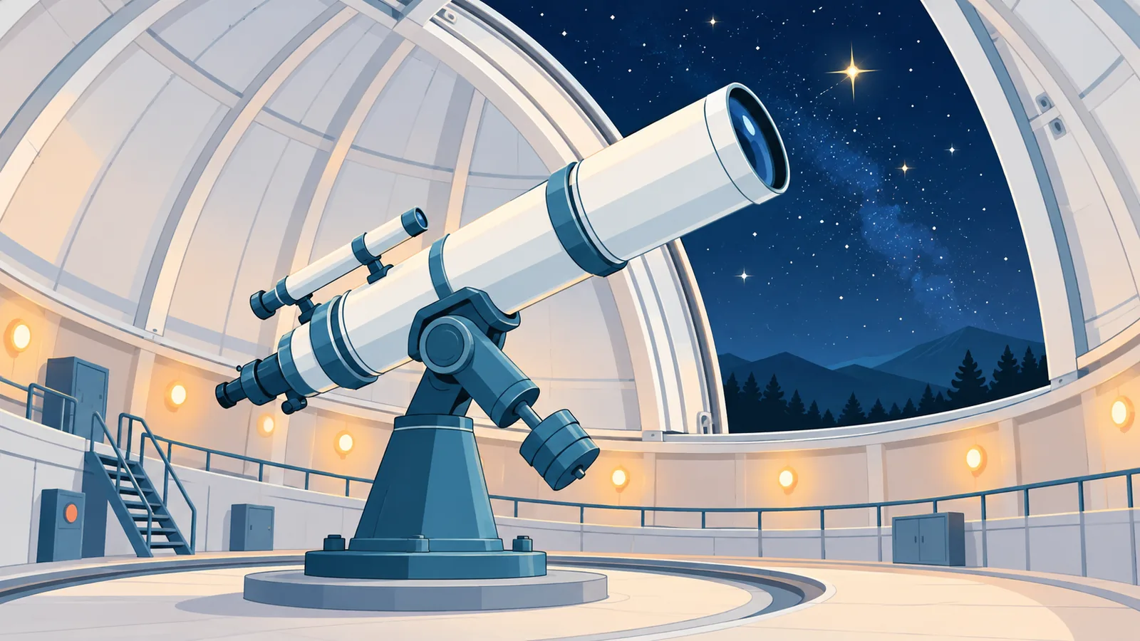 天文台圆顶内指向星空的大型望远镜