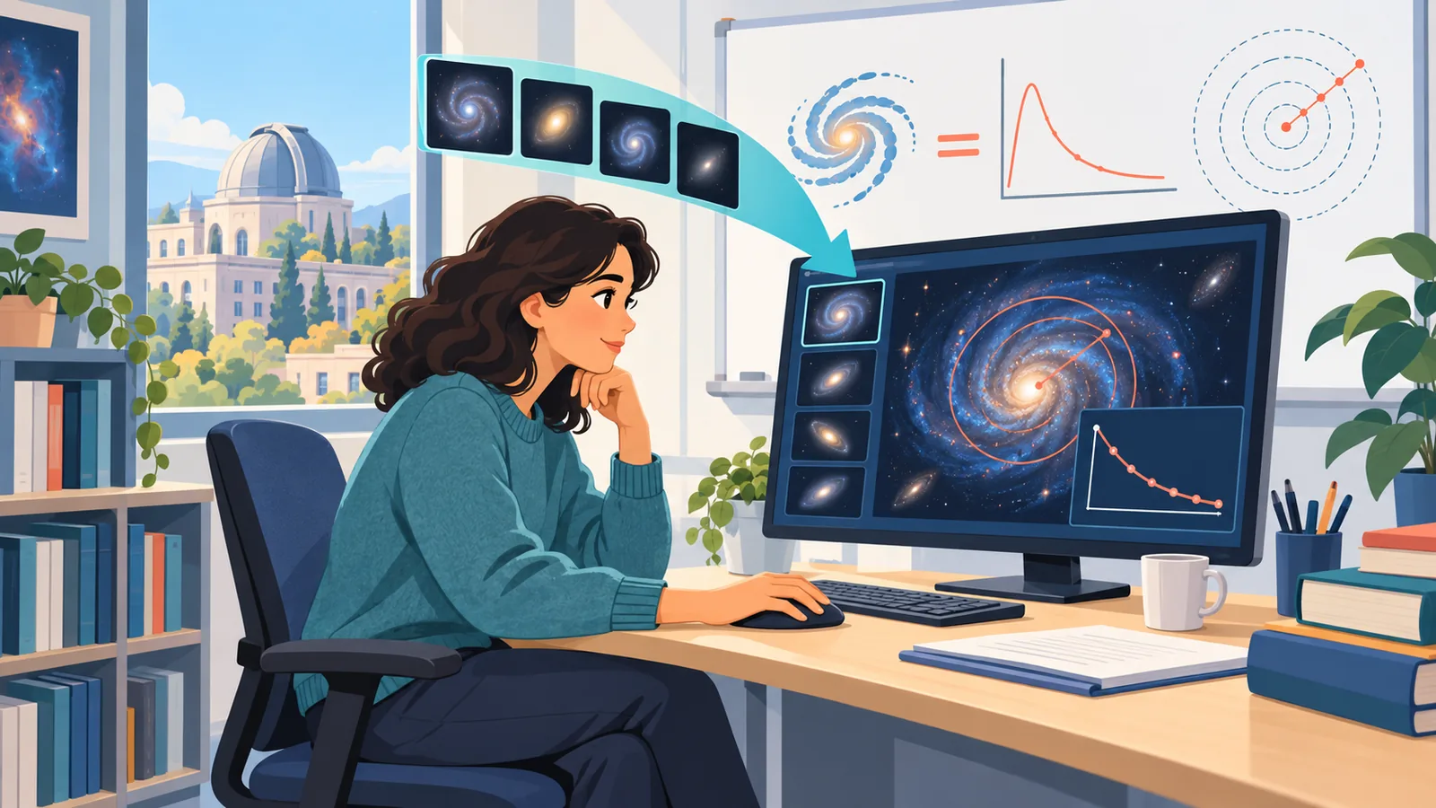 研究生在办公室分析星系图像