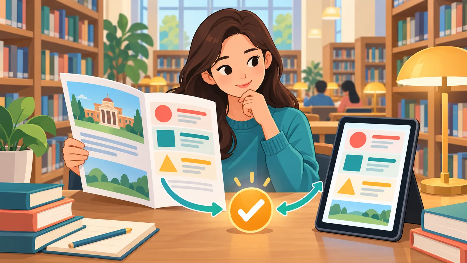在图书馆查看招生简章和常见问题页面的学生