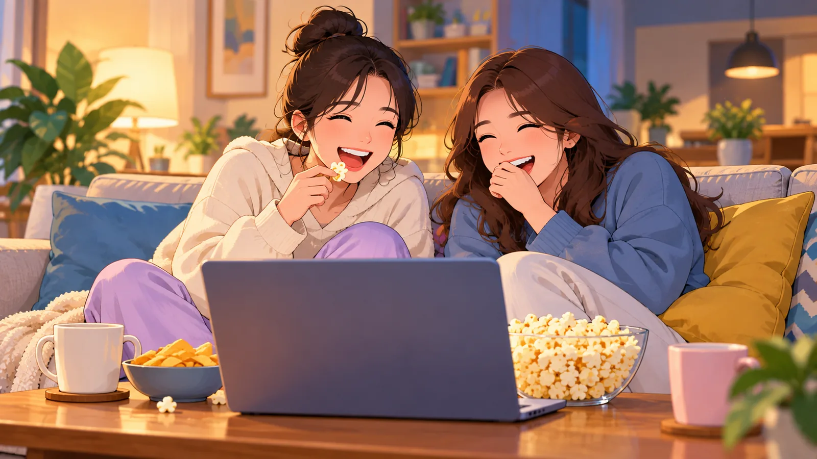 两位朋友在沙发上边吃零食边看喜剧片