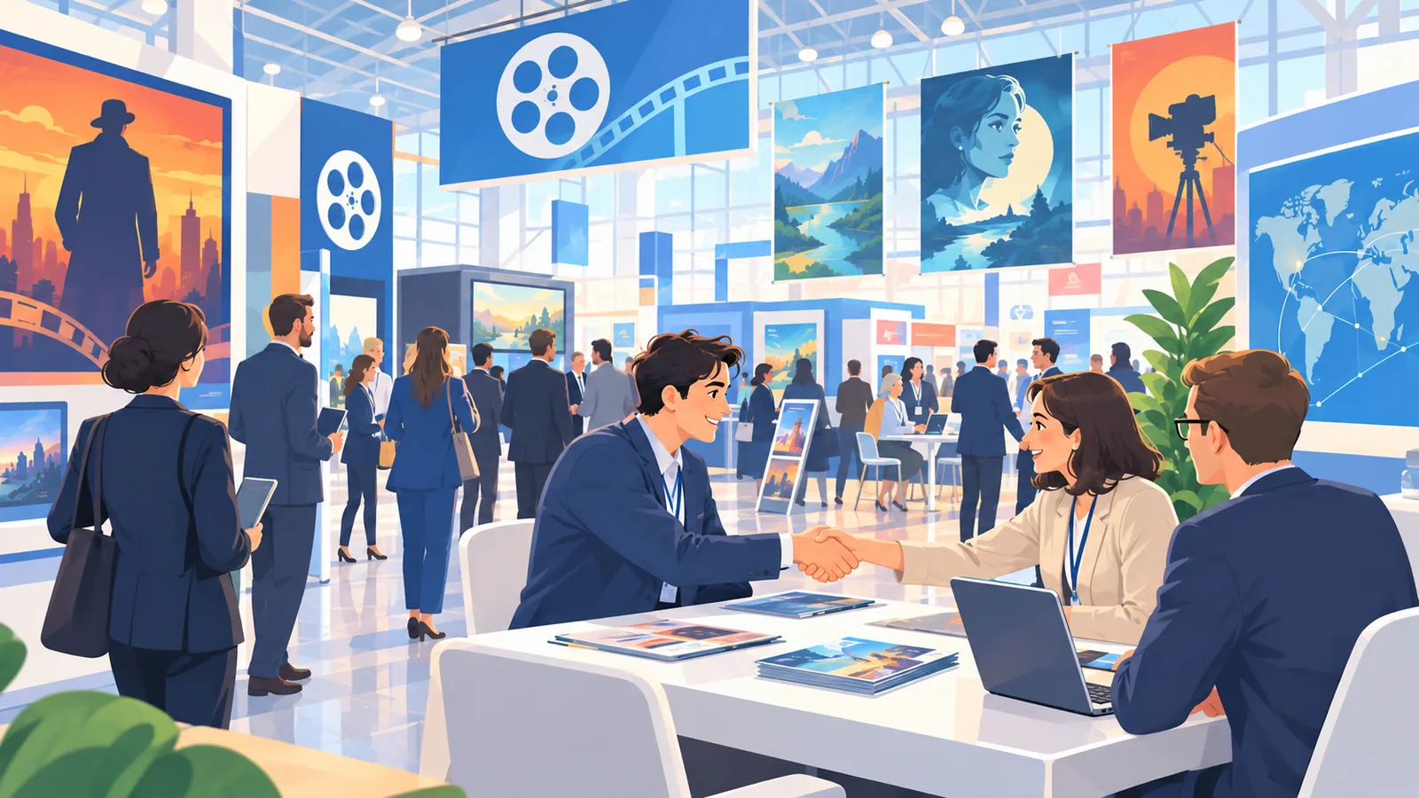 国际电影市场展厅中的版权洽谈场景