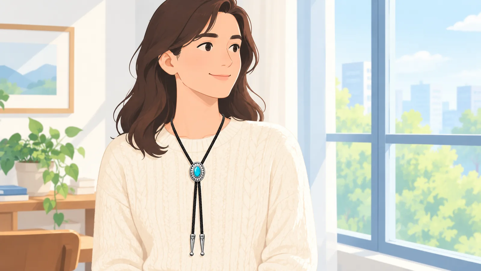 女性在针织衫外把波洛领带当作长款吊坠佩戴