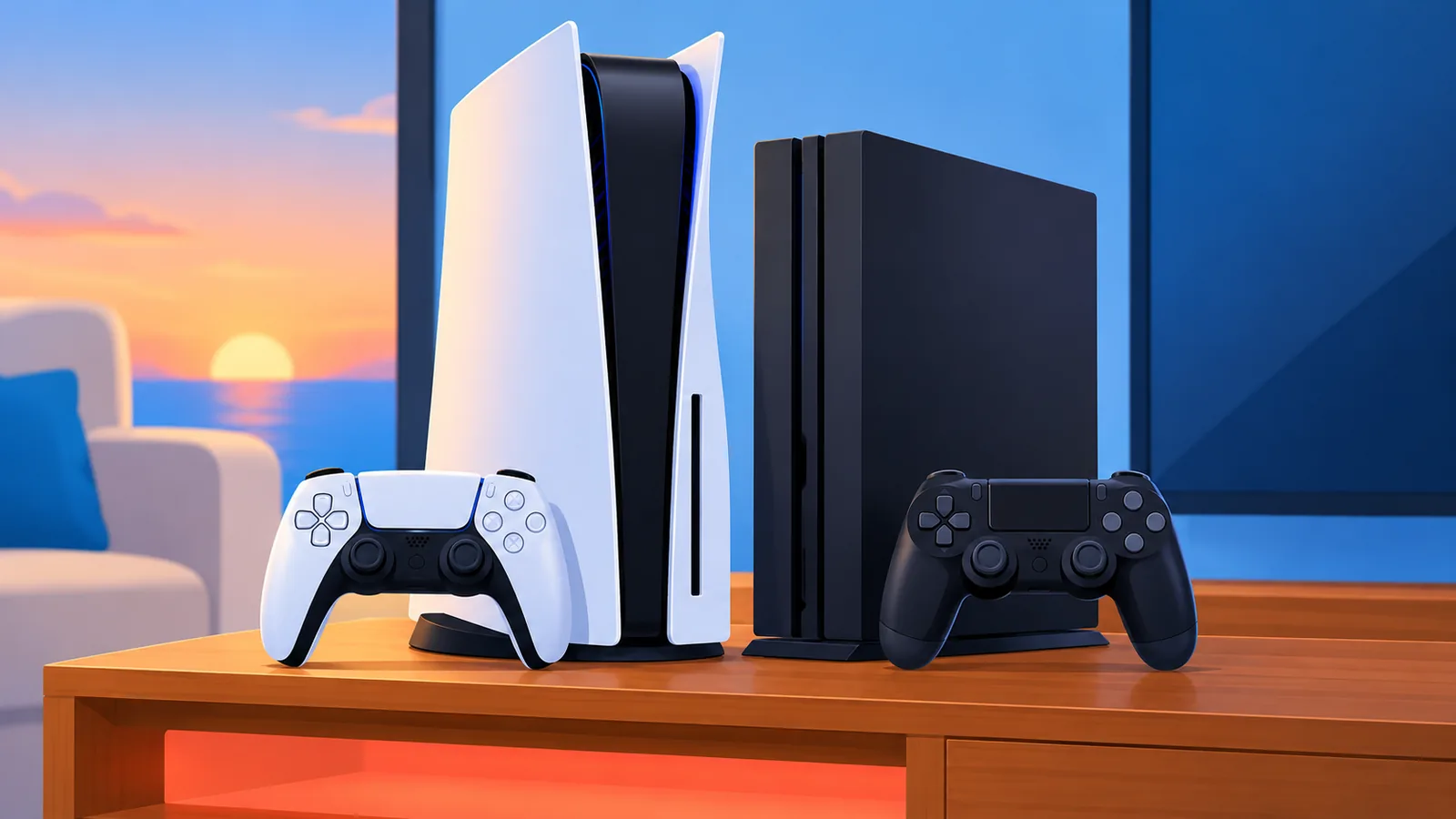 电视柜上并排摆放的PS5与PS4主机和手柄