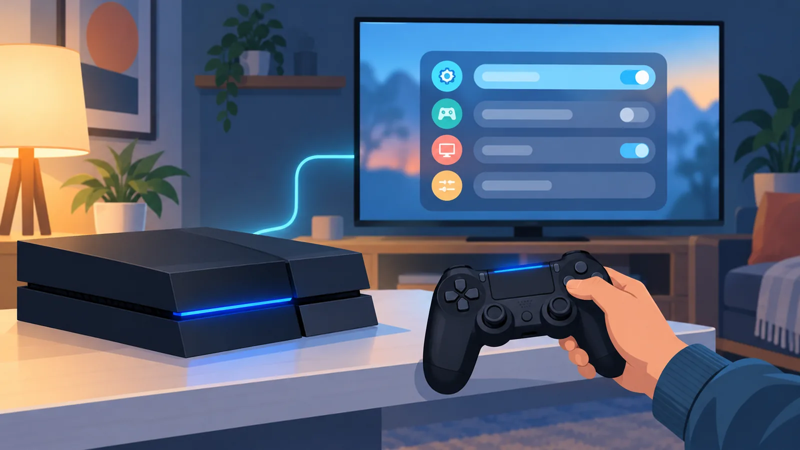 亮着蓝色电源灯的PS4主机和背景中的设置界面