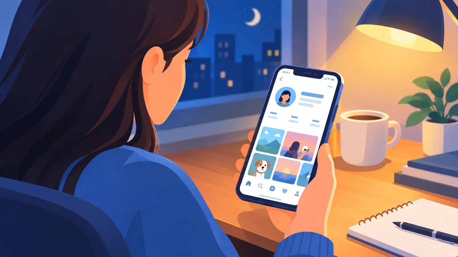 夜里在书桌前用手机查看社交账号主页的人