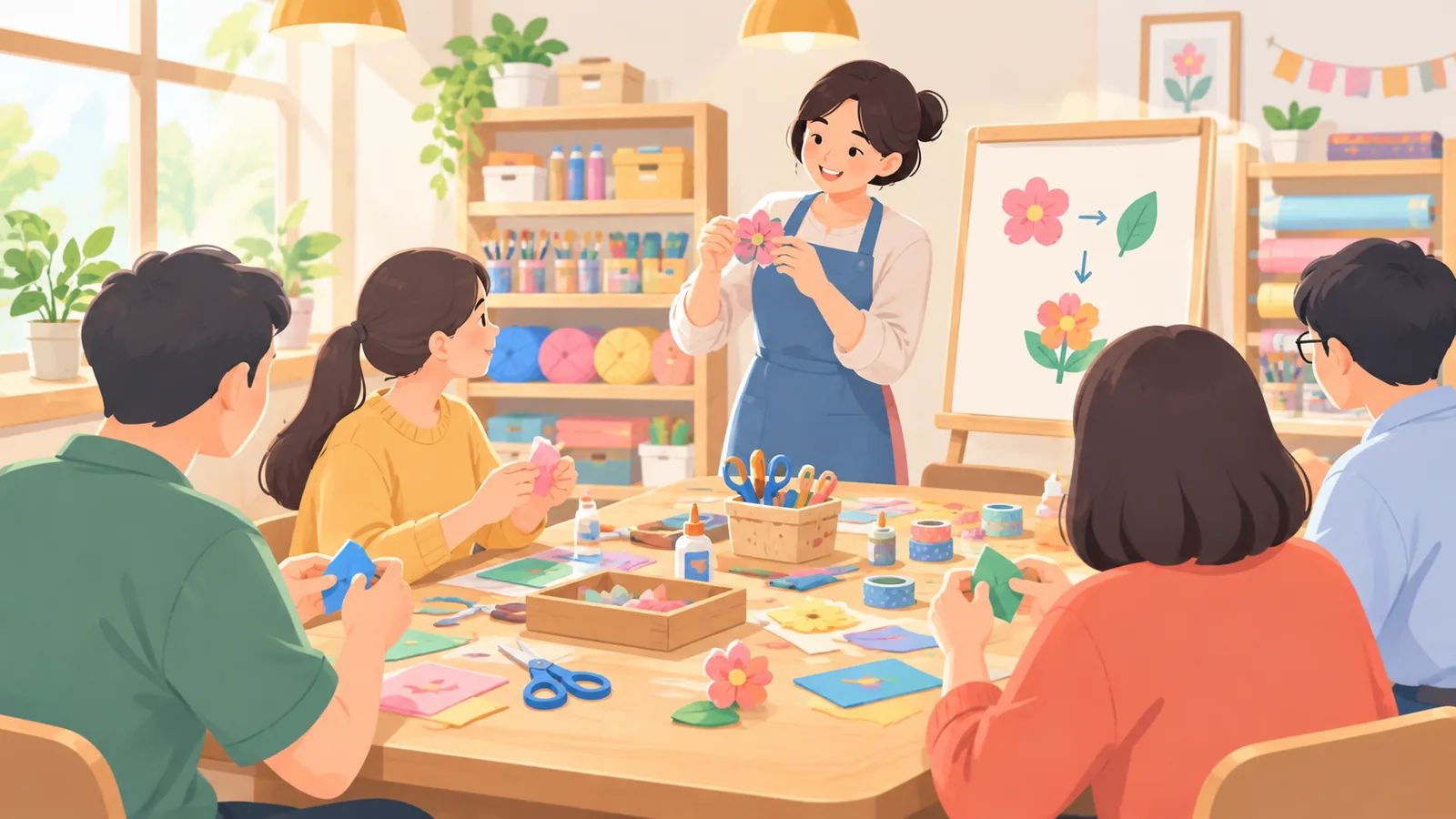 手作工坊里大家围桌学习制作