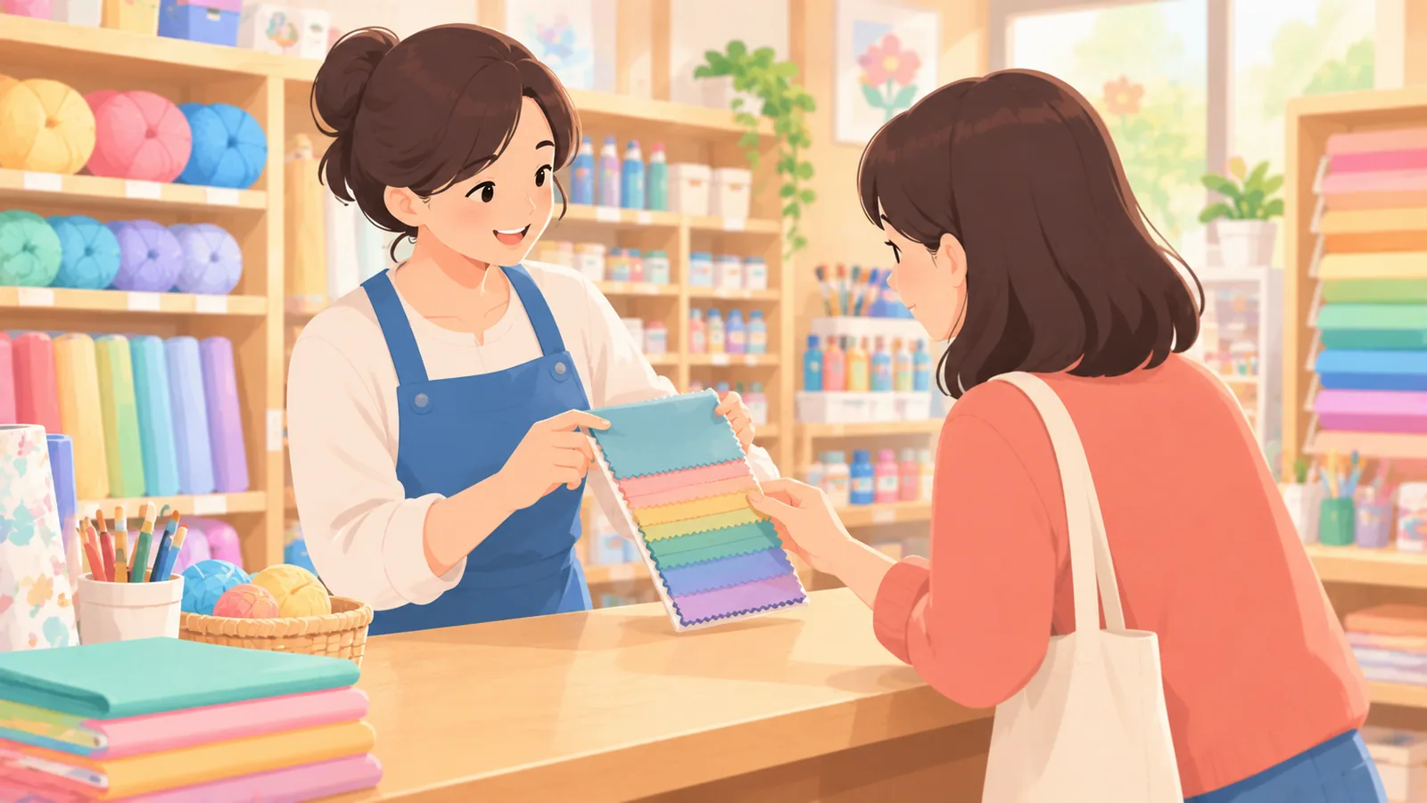 店员向顾客讲解材料样品