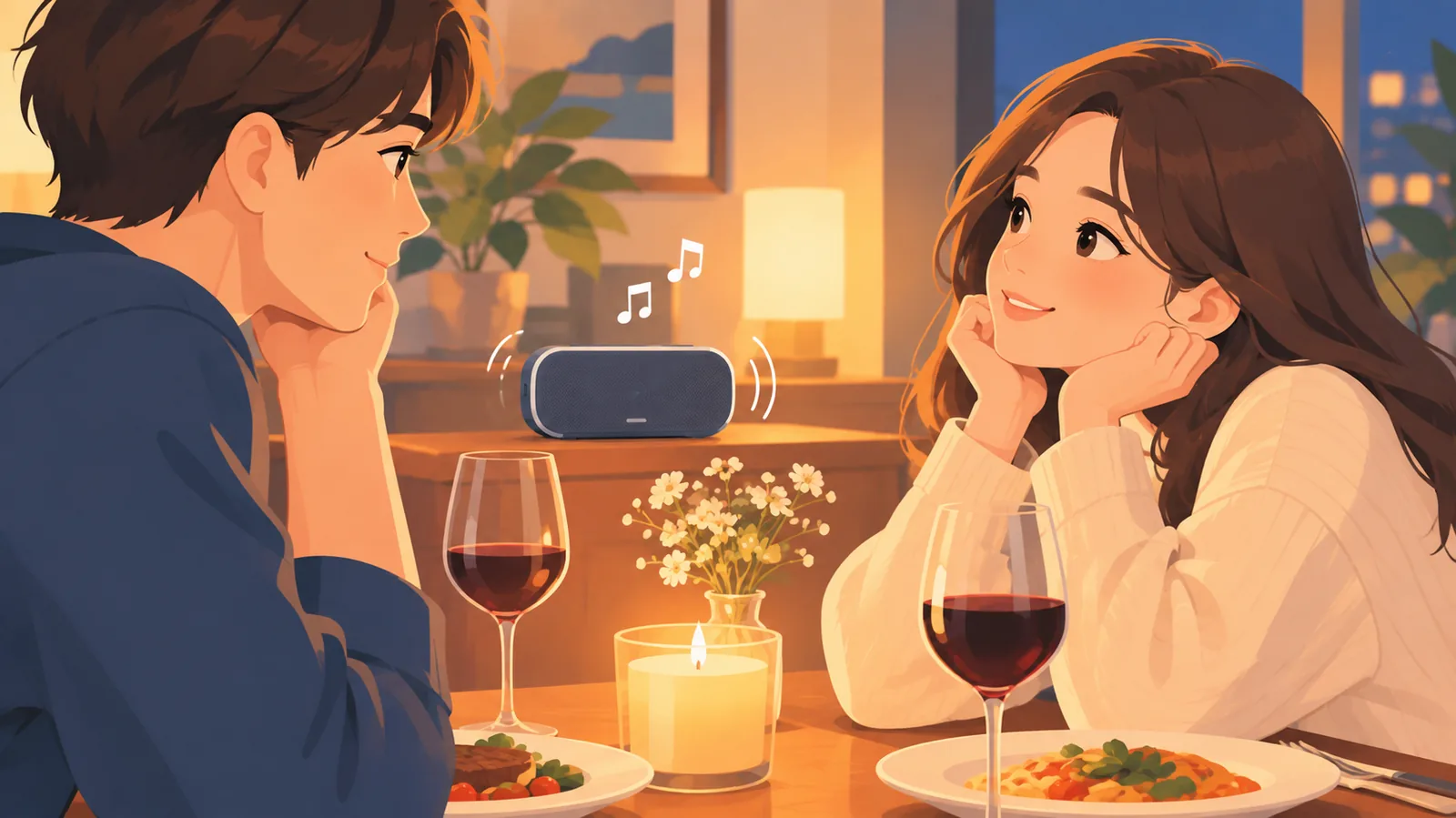 烛光晚餐桌上播放音乐的小音箱