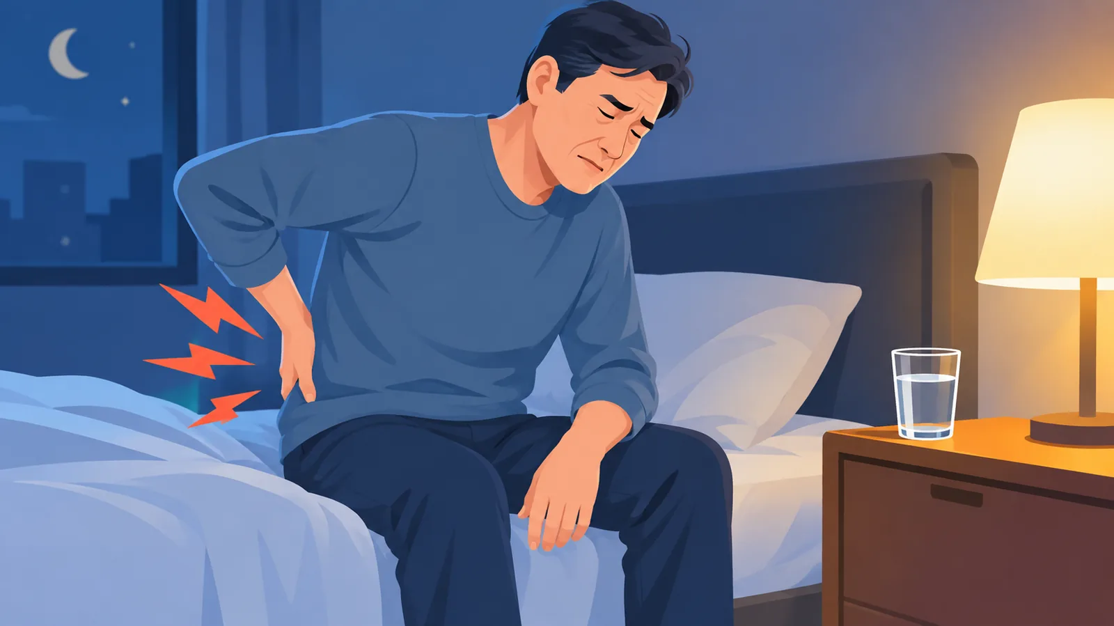 夜间起床排尿、神情疲惫的中年男性