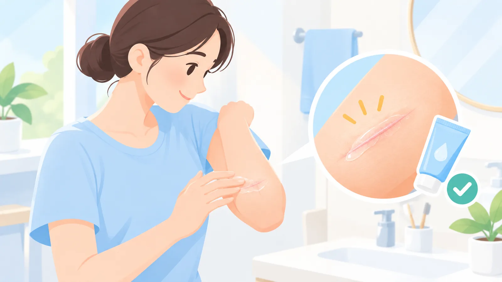 女士在肘关节疤痕处涂抹透明凝胶