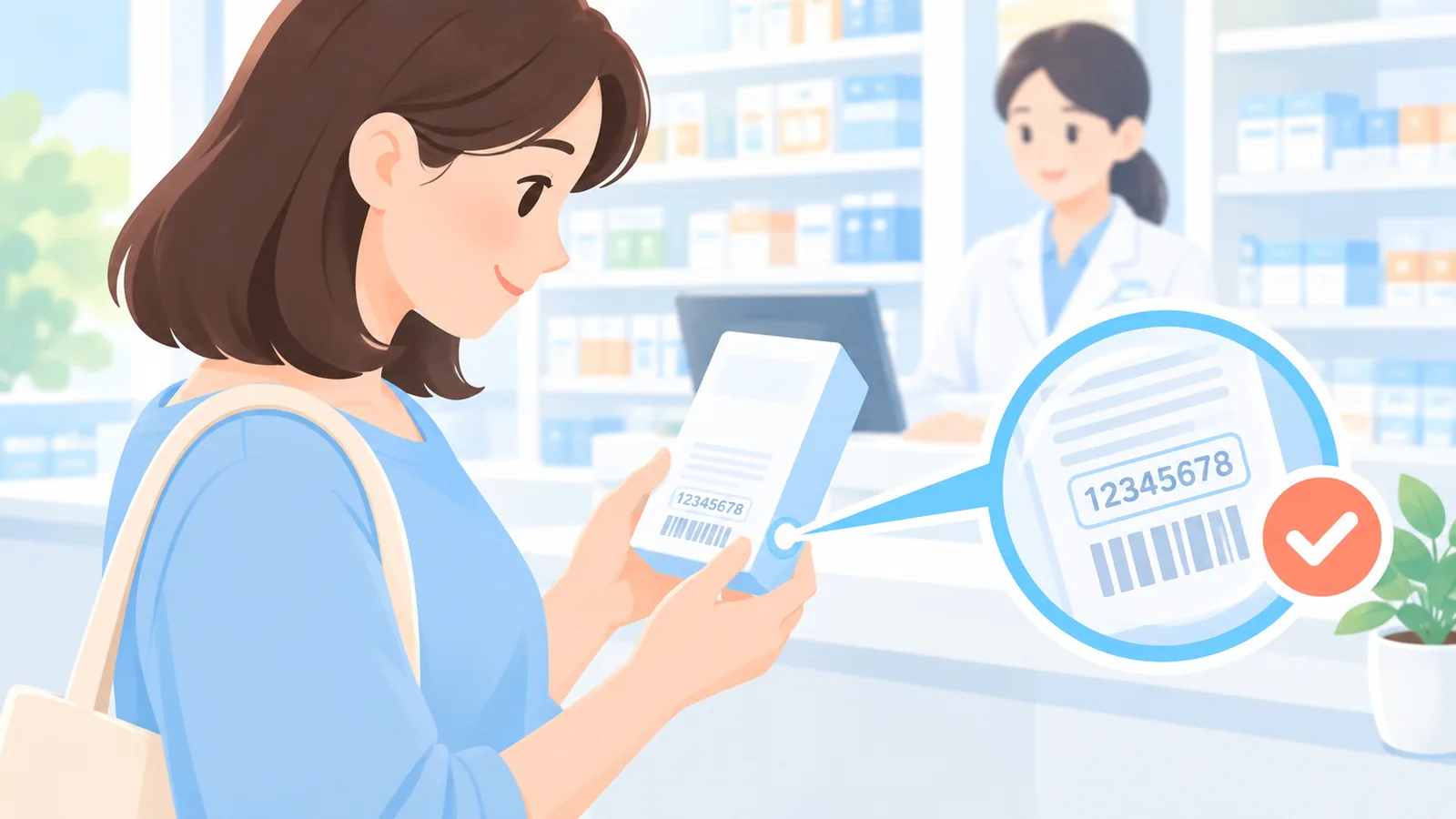在药店柜台核对产品包装上的注册编号