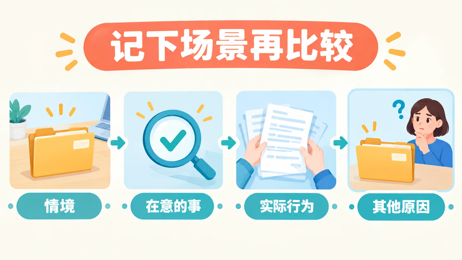 自我观察记录依次写下情境、在意的事、实际行为和其他可能原因，避免只凭形容词判断侧翼。
