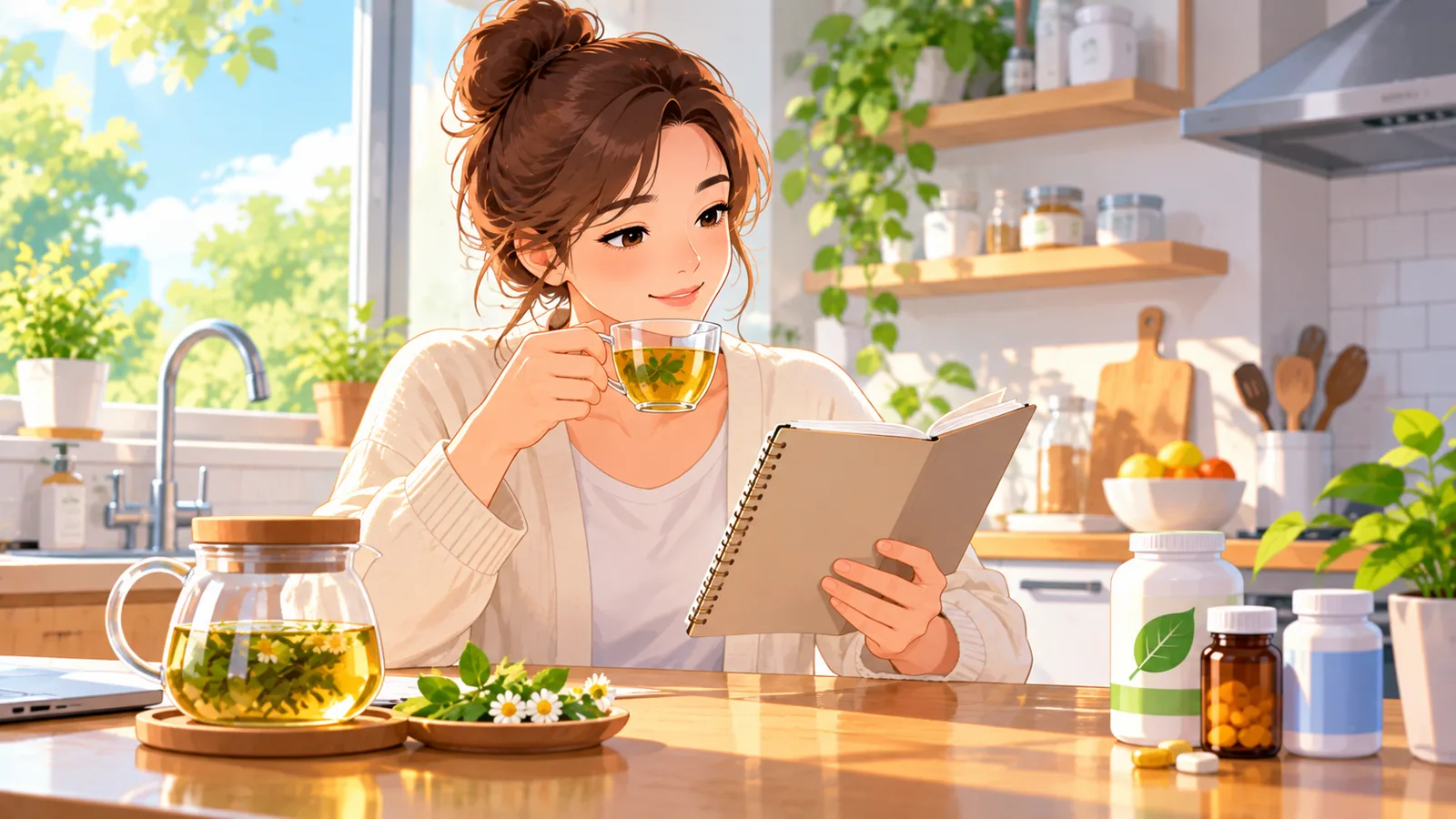 居家厨房里一边喝茶一边整理疑问的人