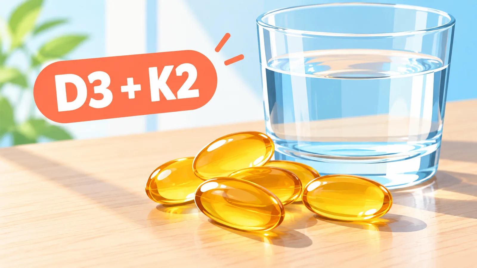 维生素D3与K2软胶囊摆放在木桌上