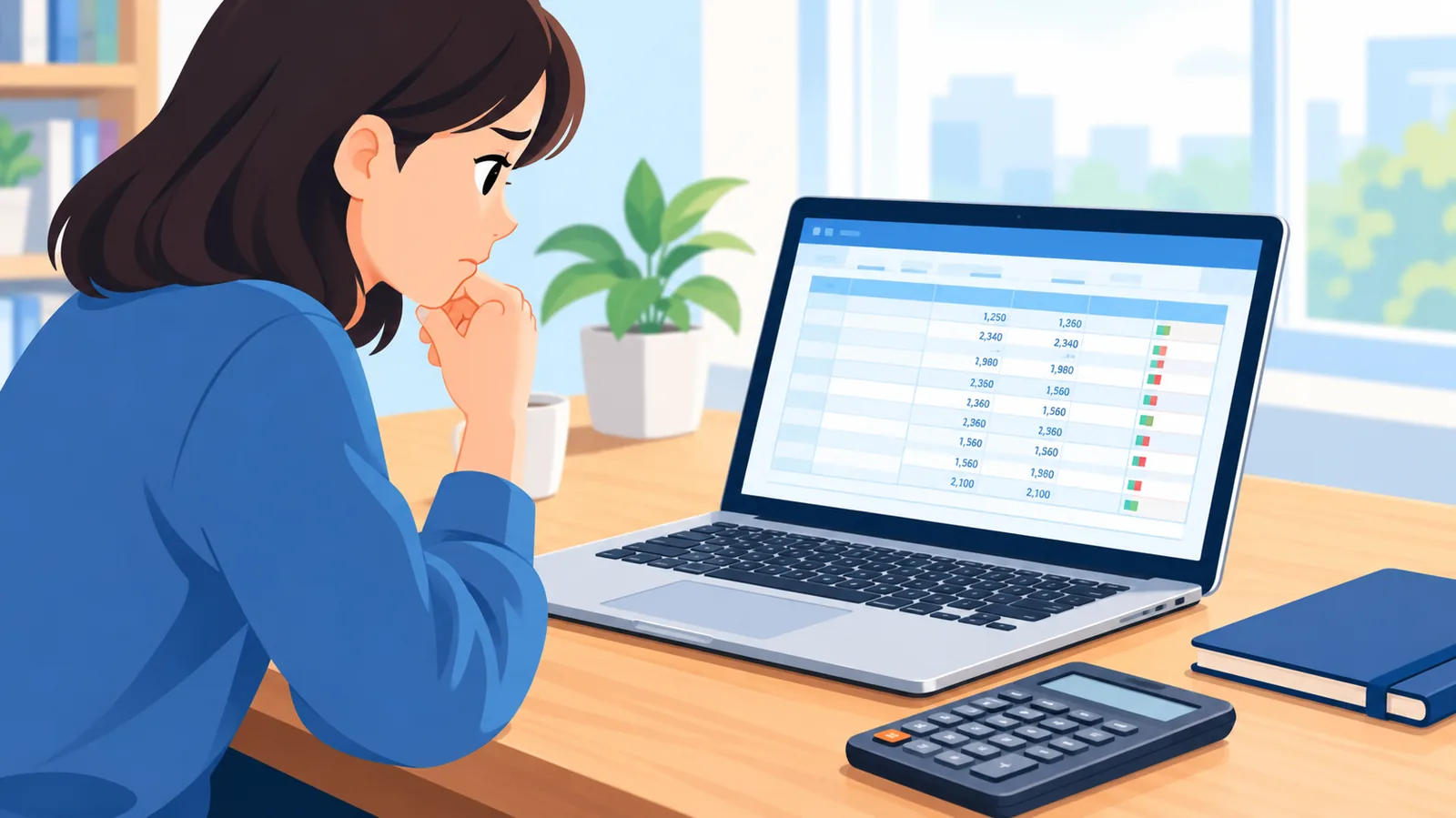 电脑屏幕上的 Excel 电子表格,旁边放着计算器和笔记本