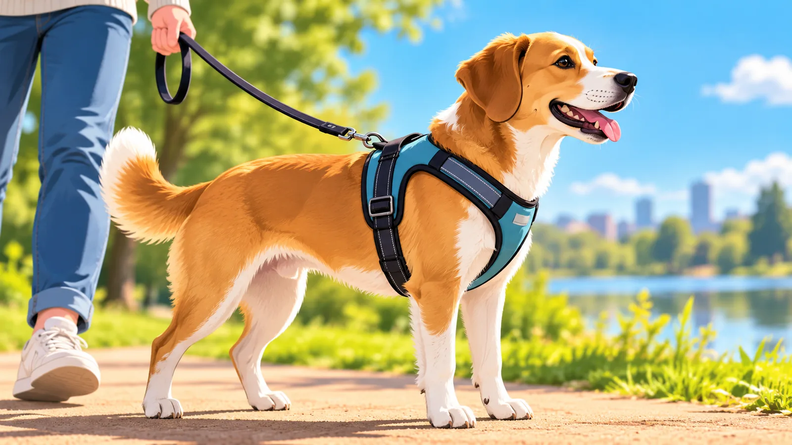 公园小路上穿着合身胸背带的中型犬