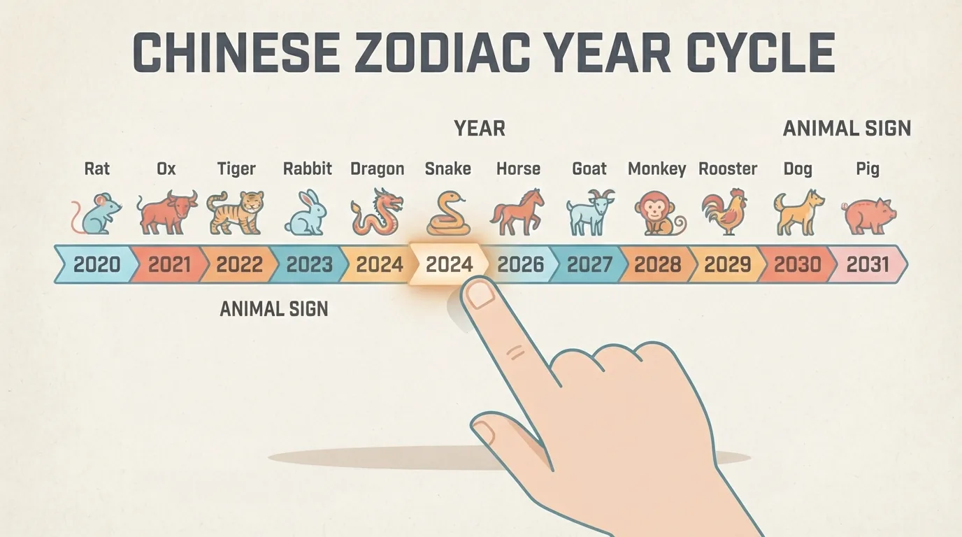 手指指向印有年份与生肖的对照表